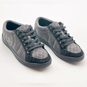 Chanel CC Logo Quilted Low Top Black & Grey Lace Up Sneakers EU 37.5 US 6.5-7